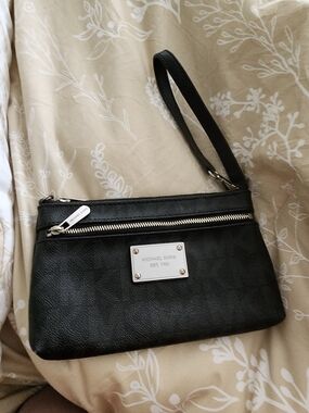 Michael Kors Black Leather Wristlet Clutch with Silver Hardware